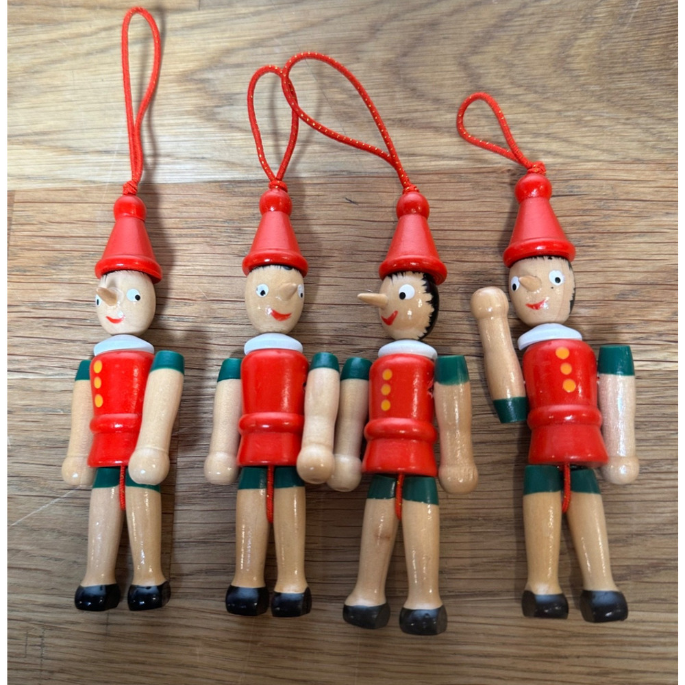 Pinocchio 4” Wooden Jointed Doll Christmas Ornaments Lot of 4 Movable